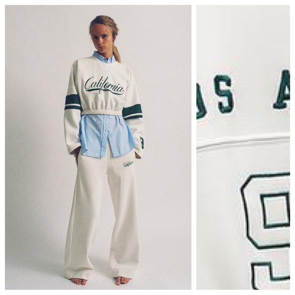NWT. Zara Oyster-White Cropped " CALIFORNIA" Sweatshirt. Size S.